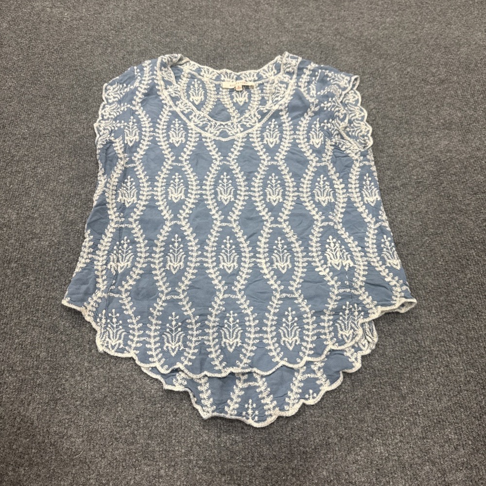 Solitaire Sleeveless Blouse‎ Embroidered Boho Sky Blue White Scalloped Hem Small